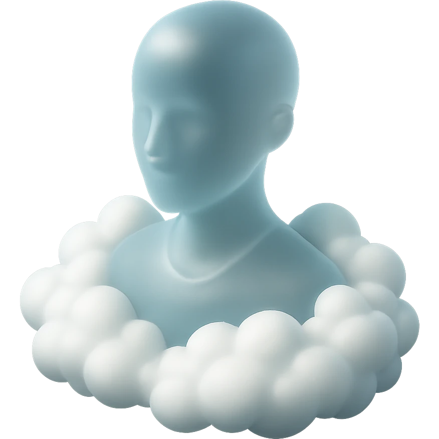 person looking straight ahead, shoulders filled with white fluffy convex clouds, matte glass style emoji