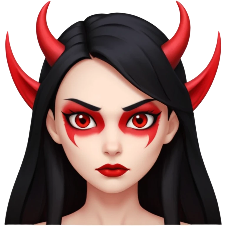 Head only demon girl, strong pronounced cheekbones, sharp angular jawline, skin fully pure red everywhere, long straight sleek black hair, small ho emoji