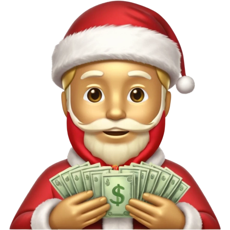 A confident rich emoji face wearing a Santa hat, money stacks, casino vibe, New Year theme, premium 3D emoji style, sharp details, no text, isolated on transparent background emoji