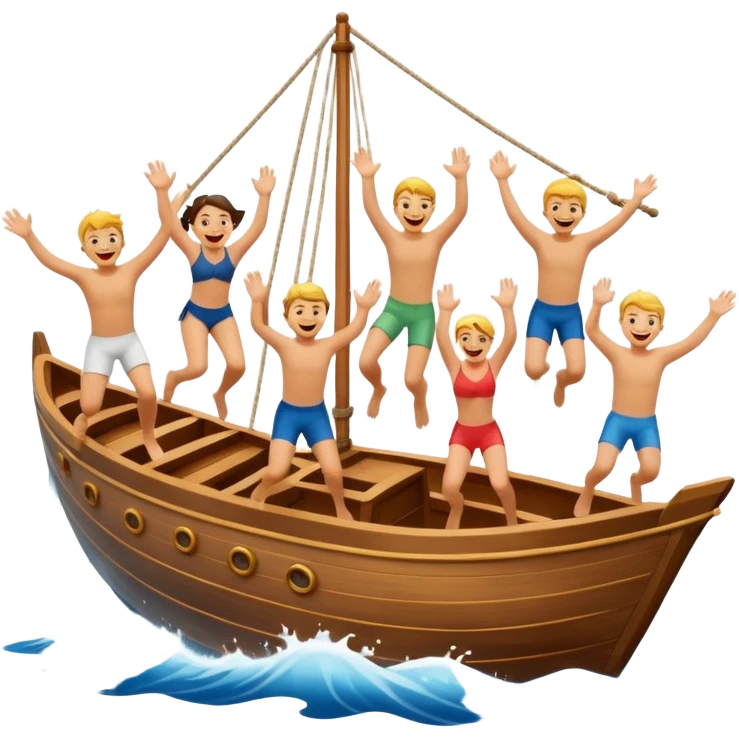 group of people jumping off a sailing ship into the ocean emoji