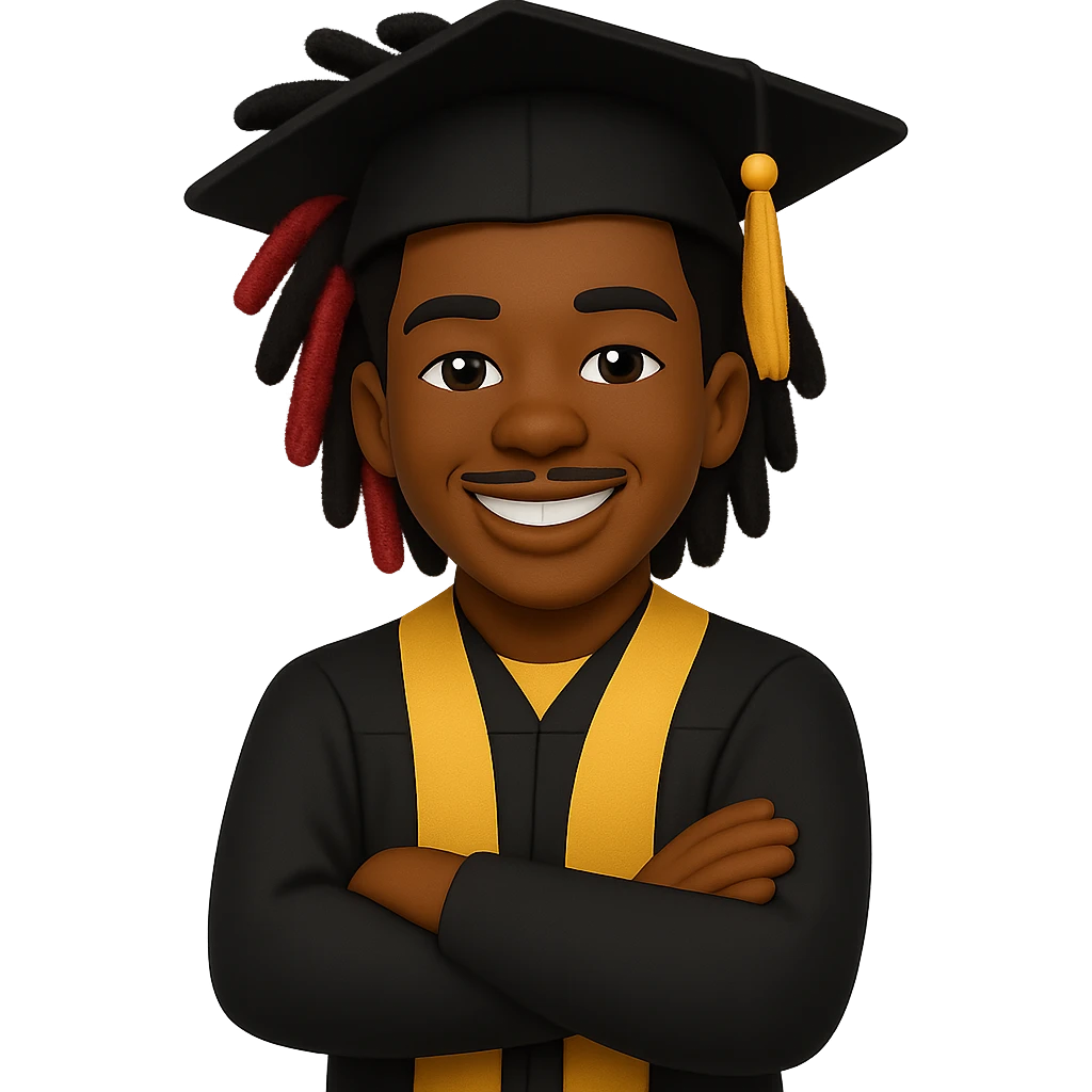 Create a male African American graduate emoji with the hairstyle and features from the reference photo, wearing a graduation cap and gown, arms crossed and smiling. No background. emoji