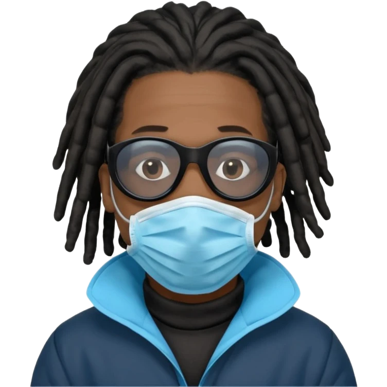 African American man with shoulder length black dreadlocks  wearing black sunglasses wearing a black bubble winter coat wearing a blue hospital mask covering mouth and nose emoji