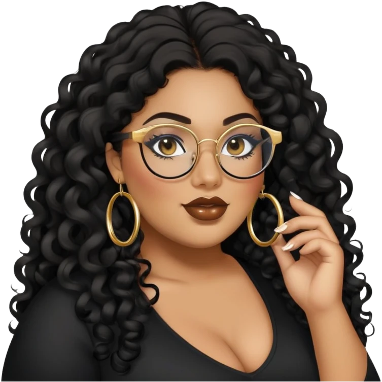 big plus size, latina, darker tan skin, gold hoops, long black curly hair, baddie,pretty, makeup, lipgloss, black eyeliner, long hair, black top, black glasses emoji