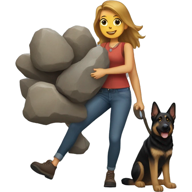 Lindsay carrying 3 rocks walking with one german shepherd that has a big limb in its mouth  emoji