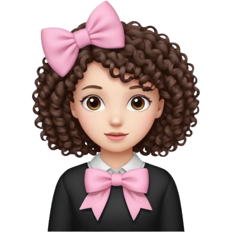 brunette curly hair girl with a light pink bow in her hair emoji