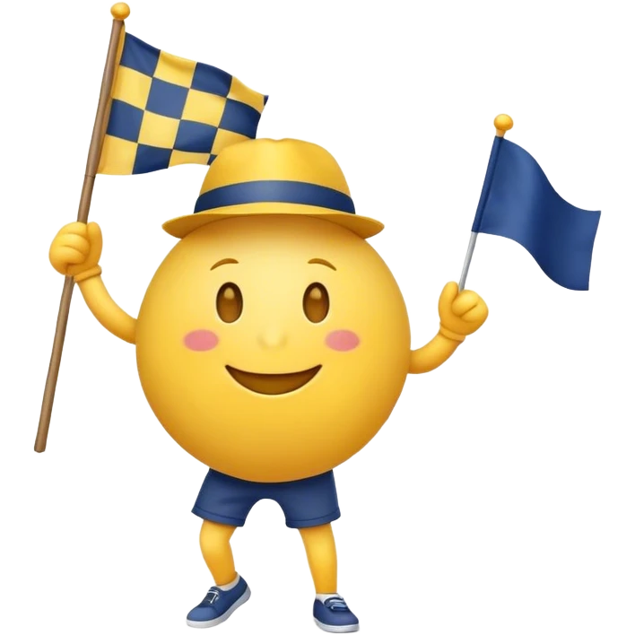 I want a yellow circle emoji (not a human emoji) holding a yellow and navy blue checkered flag in both hands, wearing a yellow and navy blue hat, dancing, and smiling. emoji