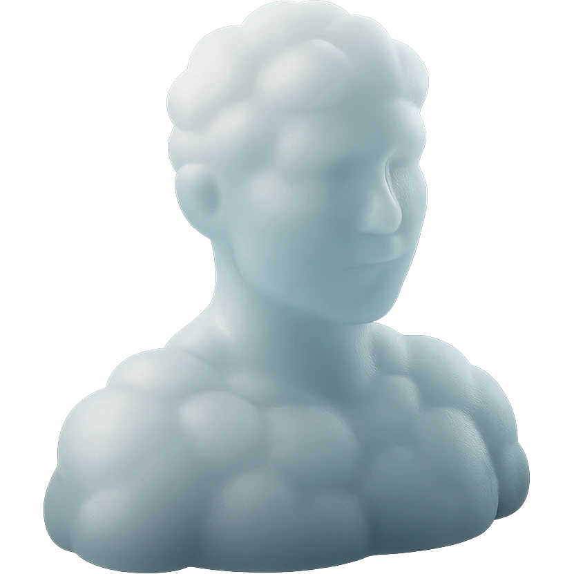 person looking straight, fully made of white fluffy convex clouds, shoulders up, matte glass style emoji