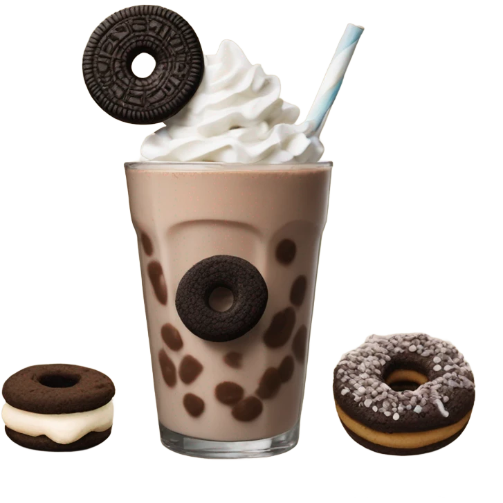 a chocolate oreo shake topped with a chocolate donut hole, chocolate marshmallow, and chocolate chip cookie emoji