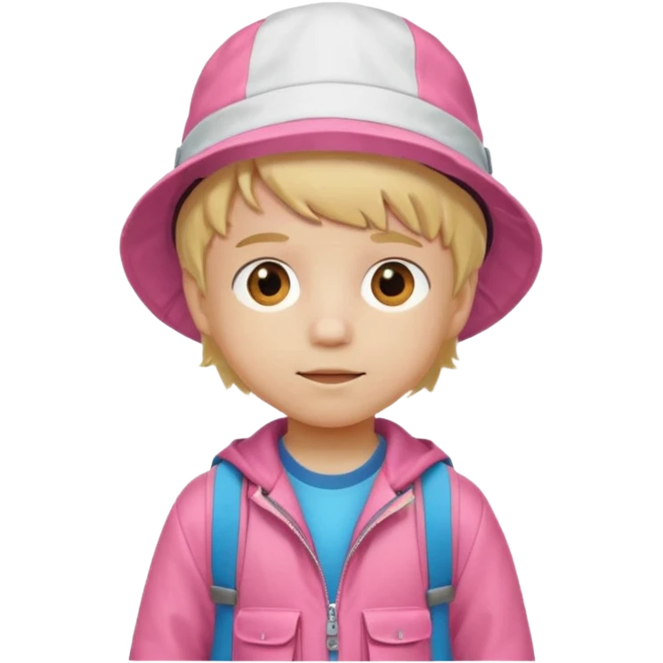A little boy student white skin, blonde hair, with white bucket hat, orange jacket, pink backpack emoji