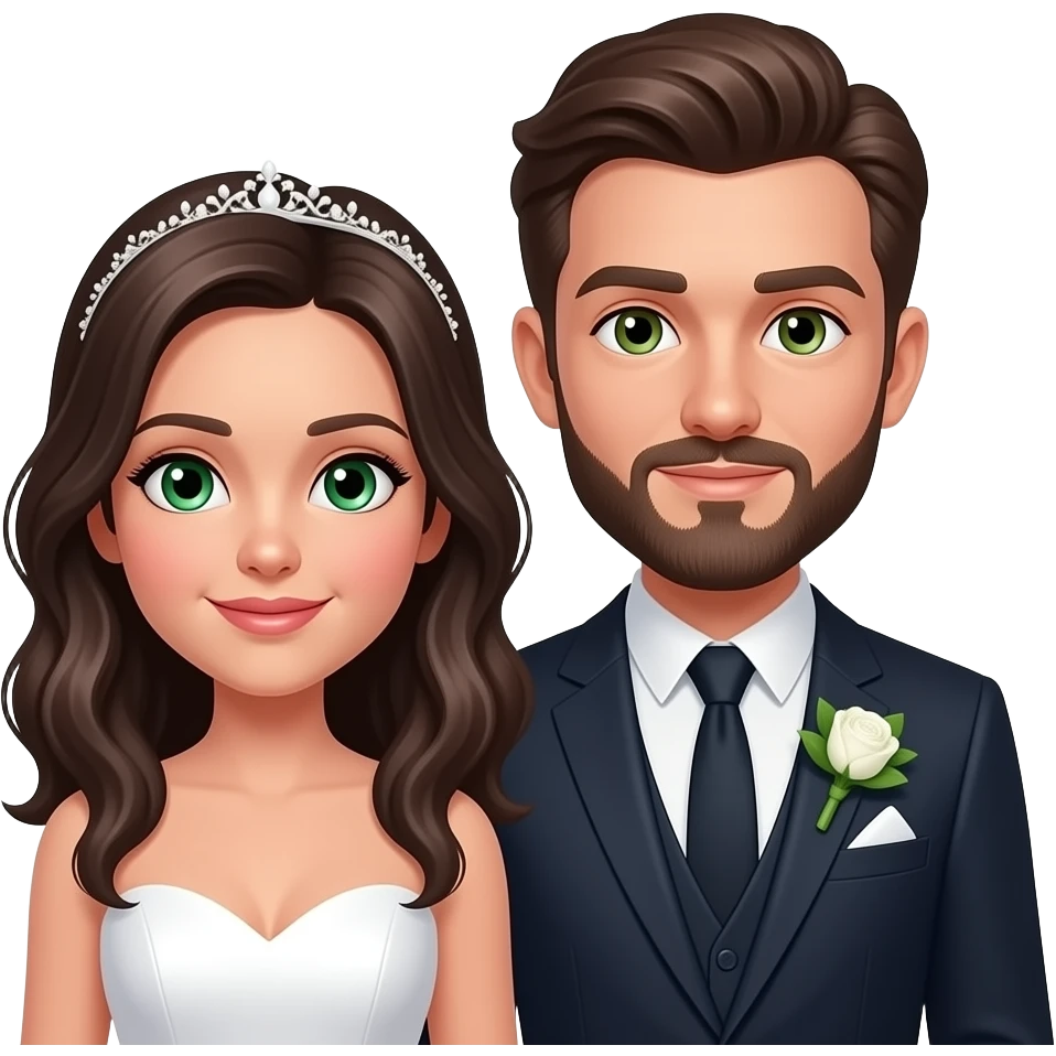 bride white skin with dark brown hair and green eyes, guy white skin and brown hair, green/brown eyes and beard and tall emoji