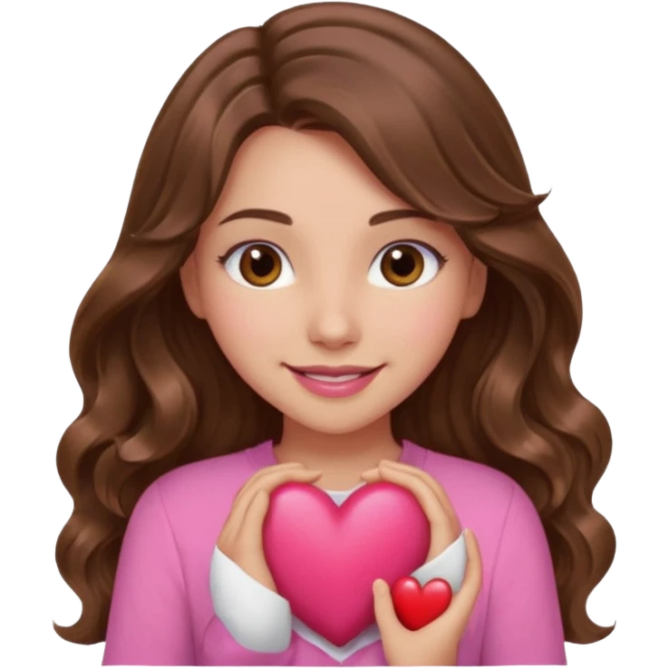 girl with long wavy brown hair, brown eyes, light to medium complexion, in a pink shirt, pink lips, long lashes, smiling, hugging a heart emoji