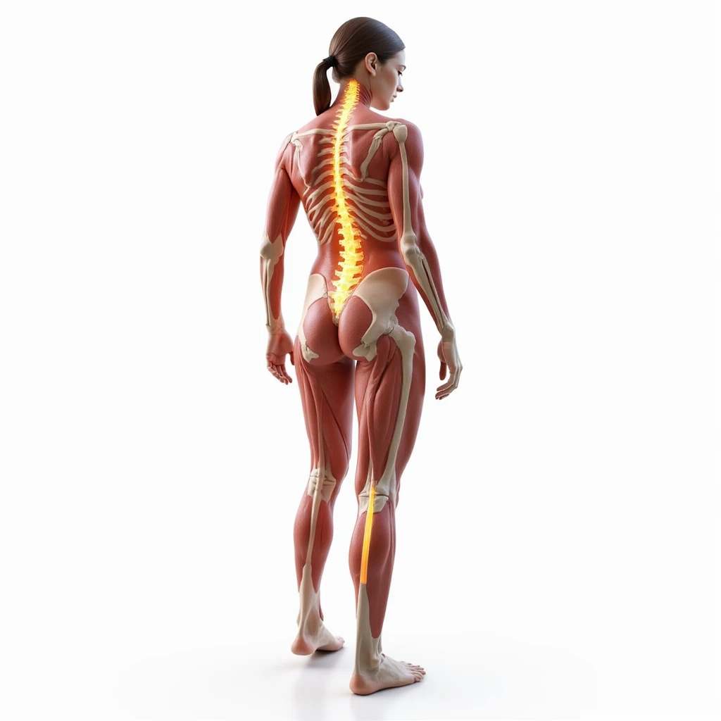 hyperrealistic 4K anatomical view of a standing woman with one leg slightly bent, highlighting the sciatic nerve: visible spine, sciatic nerve, muscles visible, white background emoji