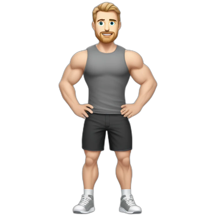Full height Pale skinned muscular man With Realistic eyes and mouth, light brown hair and stubble In dark gray sleeveless mike, black oversize sports shorts, watch and white sneakers. emoji