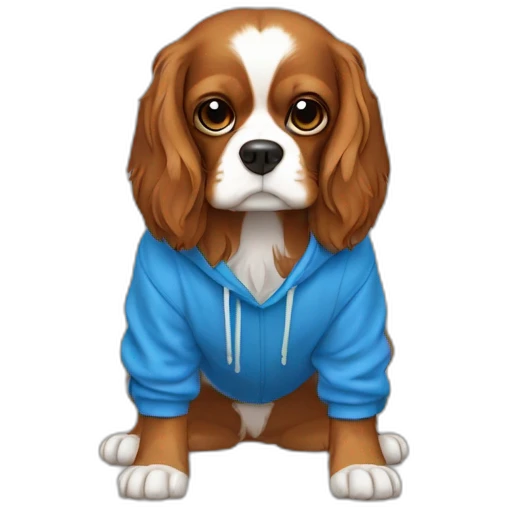 Fully Brown/golden, no white, cavalier King Charles spaniel dog with blue hoodie on, over his head emoji