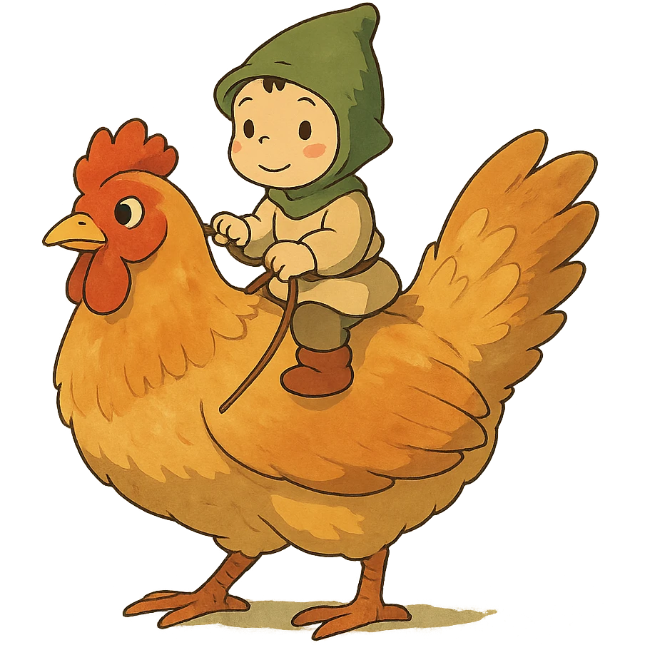 ghibli style chicken jockey small character riding a chicken emoji
