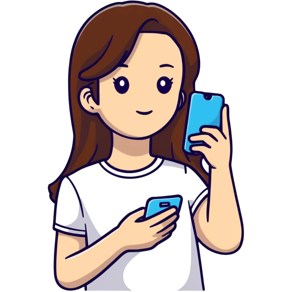 girl with long brown hair wearing a white top holding a smartphone emoji