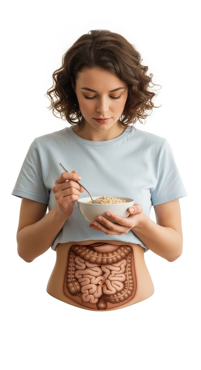 donna con bowl di avena in mano e intestino in evidenza, isolata su sfondo bianco emoji