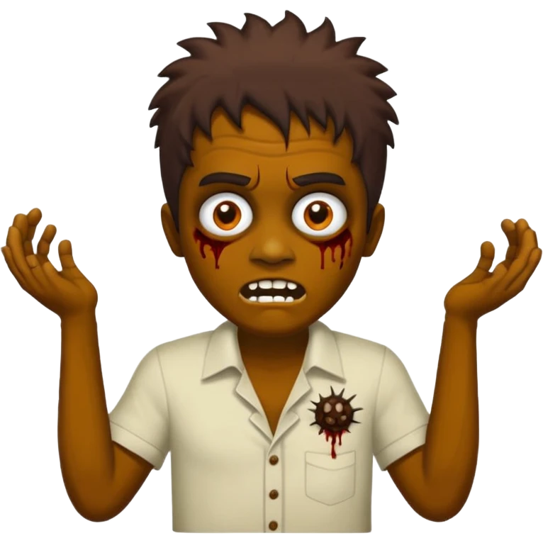 Um garoto zombie de cabelo castanho escuro, com o cabelo chegando no pescoço, com olhos castanhos esverdeados, de camisa branca emoji