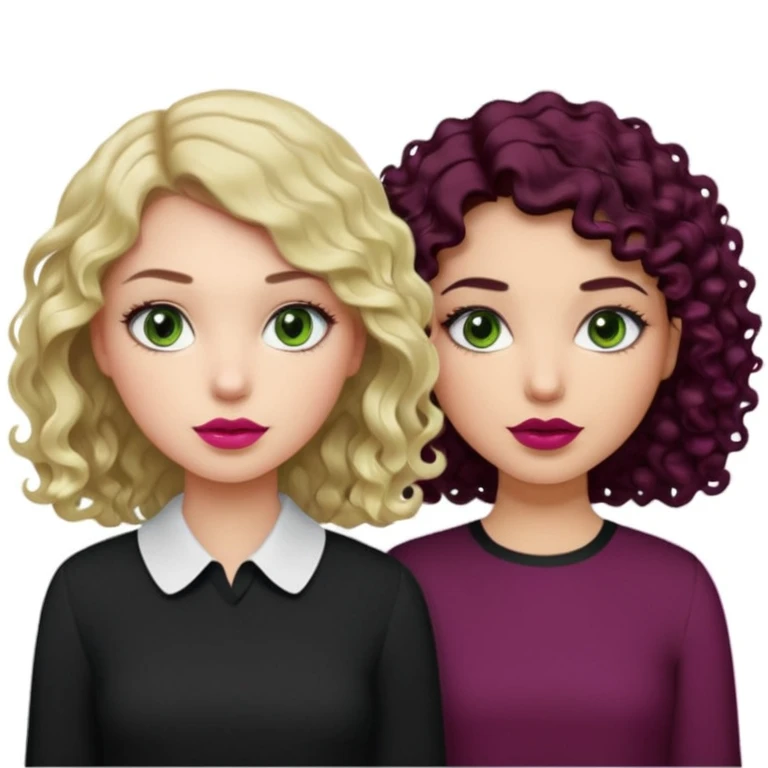 Una chica con el cabello ligeramente ondulado, rubio no tan oscuro, labios en un tono rosa, ojos café y una blusa blanca. Al lado otra chica con el cabello negro rizado, ojos verdes, labios color vino tinto y una blusa negra emoji