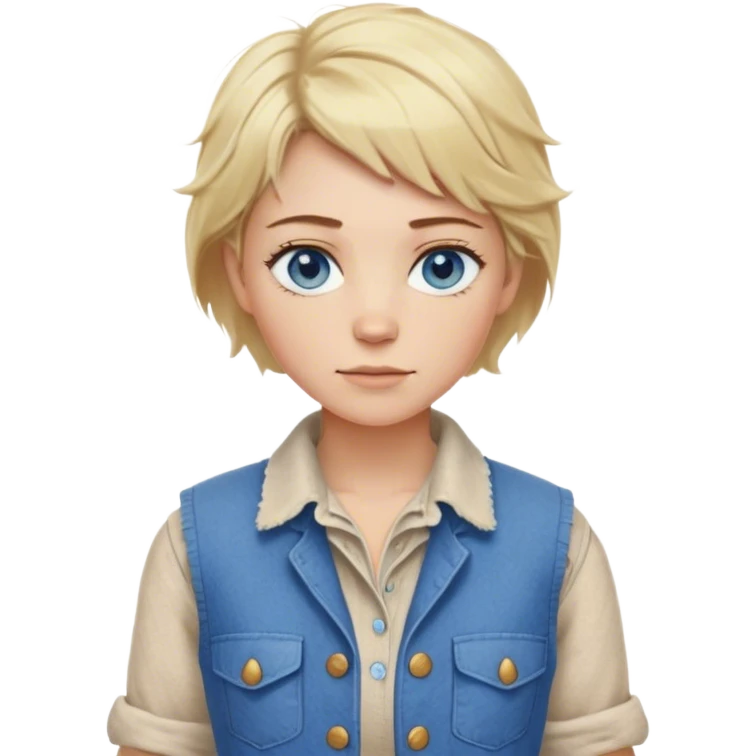 farmer outfit worn by a DnD themed fantasy character. basic linen shirt with a rough wool vest. clothes only above the waist. The clothes full waist. The character's haven't arms. character is blonde hair blue eyes messy short hair white woman. emoji