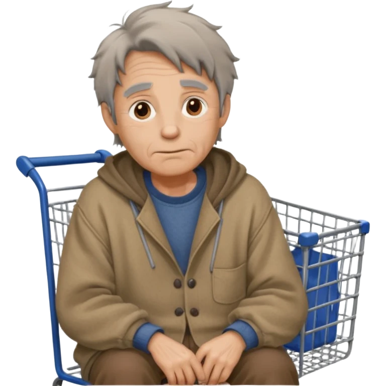 A man in oversized old clothes sat next to a shopping cart half body, looking around with gentle, hopeful eyes. emoji