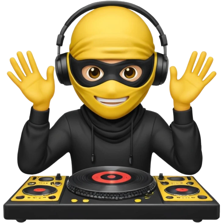 Make a customized yellow head emoji with hands and holding a dj turn table  in a ninja face mask emoji