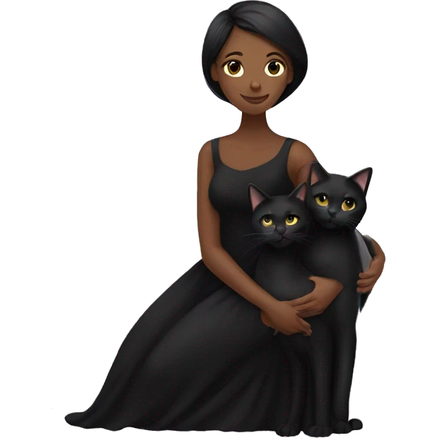a girl with long black woman in a long black dress hugging two black cats emoji