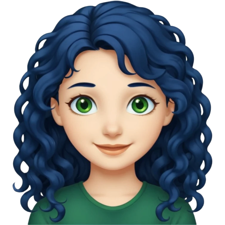 Girl with long  curly dark blue hair, green eyes, and very fair skin. emoji