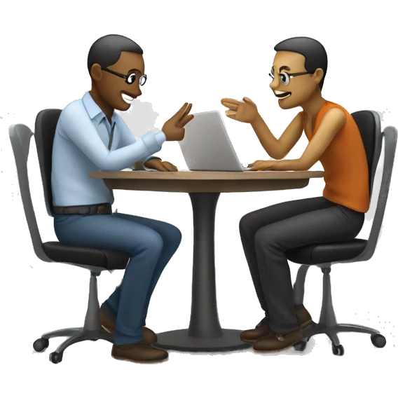 An emoji showing two people sitting at a round table with a laptop and papers, discussing about AI in a collaborative and professional way. emoji