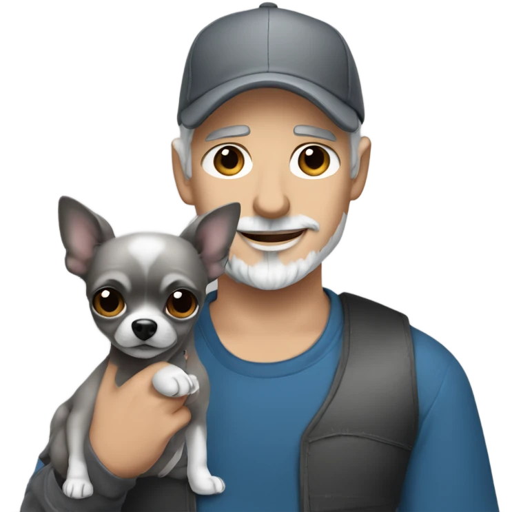 man blue eyes gray hair gray goatee ball cap holding black longhair chihuahua  emoji