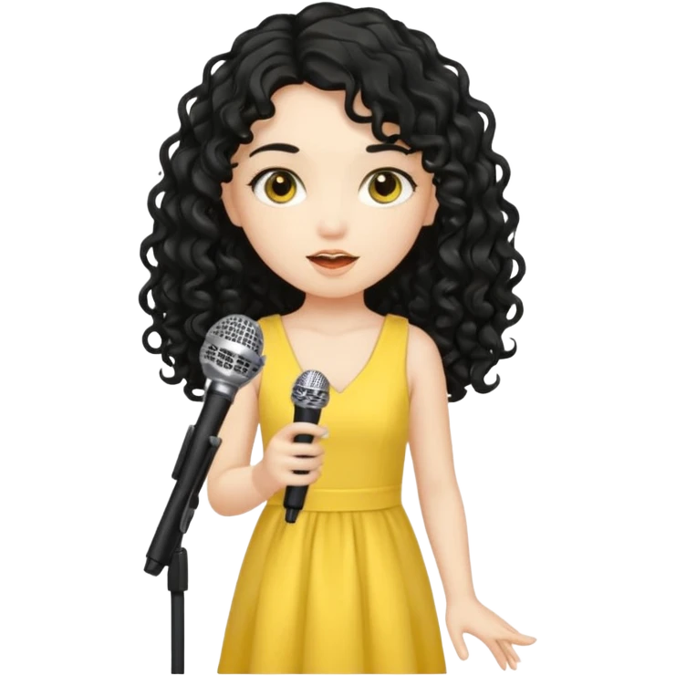 girl in yellow blink dress, logn black curly hair, holding a mic



















 emoji