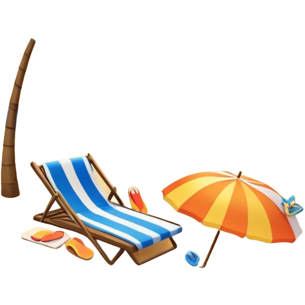 Icon for Beach Tourism: with the blue ocean, orange sunset, yellow sand beach and palm trees in the background, a sun umbrella, flip-flops, and a beach towel on the sand. The icon should represent relaxation and fun at the beach. Transparent background emoji