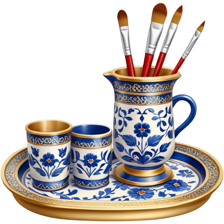 Metal painting icon, a metal vase, tray and metal cup with brushes, each decorated with different techniques: Gzhel-style blue floral patterns, Chinese red and gold designs, and intricate Golden embroidery-style details. Visible fine paintbrush, paint pots, and accessories like porcelain palette, minimalistic style, clean lines, transparent background. emoji
