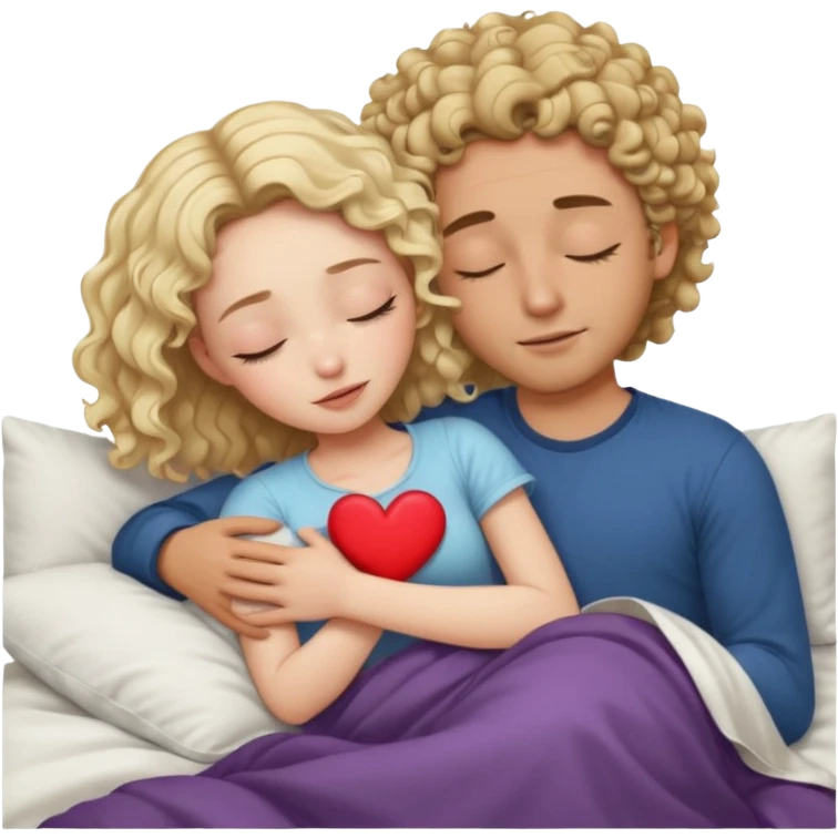 cuddling in bed, asleep. wavy haired blonde girl. man with curly,  dark brown hair. eyes closed. heart between them. no headboard emoji