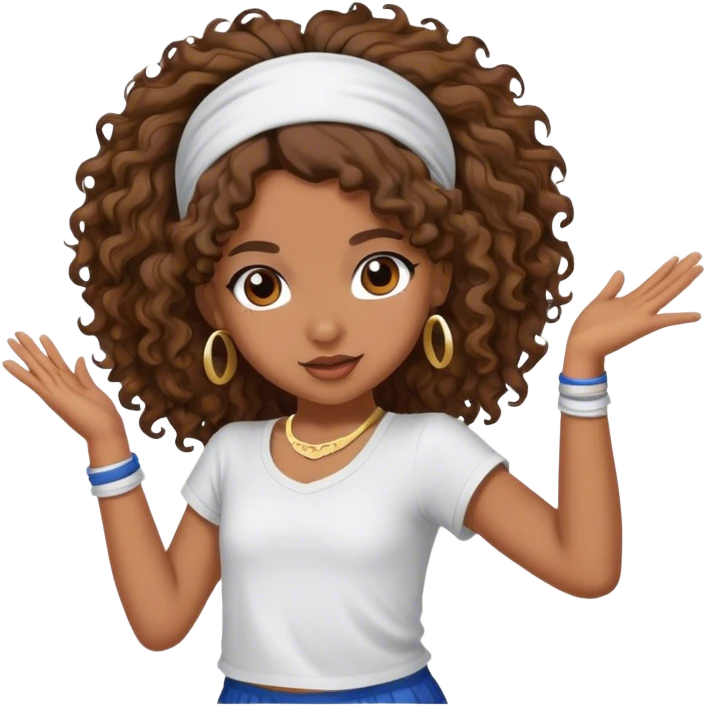 Dancing brown girl with long darn brown curly hair with headband hip hop emoji