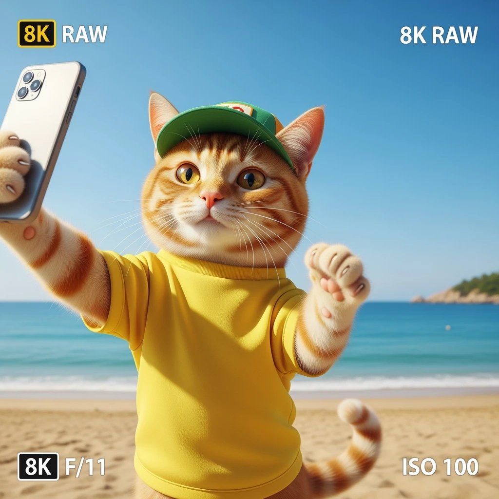 Orange tabby cat in a t-shirt and cap taking selfies against the background of beach and blue sea, shot with an 85 mm f/11 lens, ISO 100, 8K RAW, no blur emoji