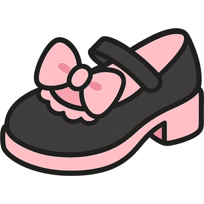 Refine the kawaii BLACKPINK-inspired gothic shoes by adding a large cute bow as the main motif, keeping the scalloped edge detail. Emphasize the black and pink color contrast, playful and stylish, no hearts, transparent background. emoji