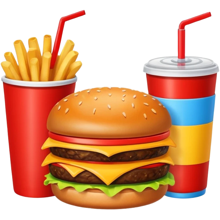A clean and simple icon of fast food in emoji-style illustration. A burger with fries and a soda cup, bright and bold colors, simple shapes, flat design, high contrast, inviting and appetizing. emoji