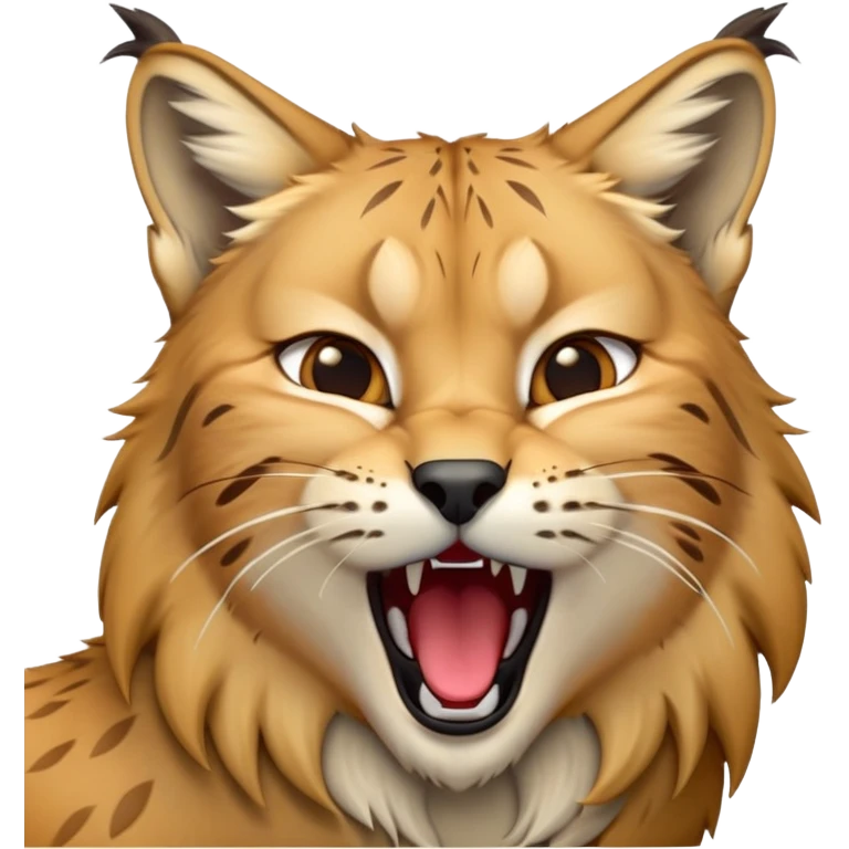 Cinematic-detailed-Yawning-Lynx-Portrait-Emoji – Head tilted slightly with a dramatic, wide-open yawn, revealing a sleek golden-brown fur coat with subtle spots, signature black ear tufts standing tall, round amber eyes barely open in drowsy contentment zoomed out to show the shoulders emoji