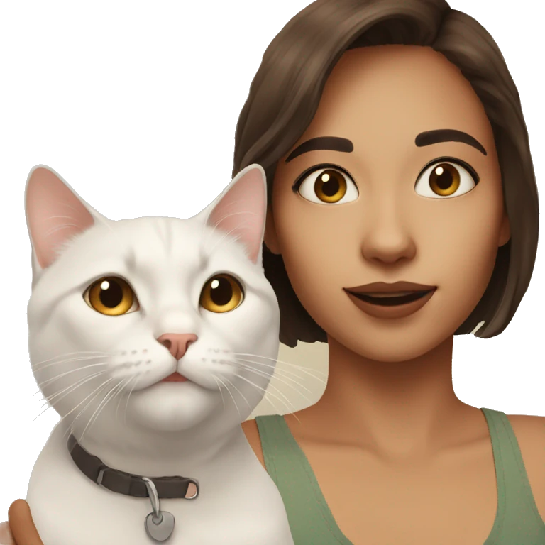 Brown short hair Girl selfie with white cat indoors emoji