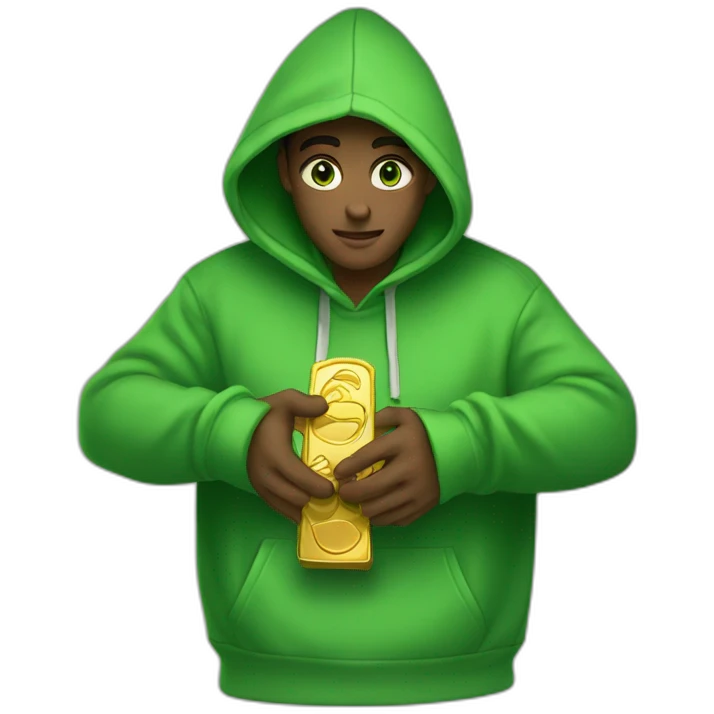 Men green eyes wear hoodie and keep and hand one gold ingot emoji
