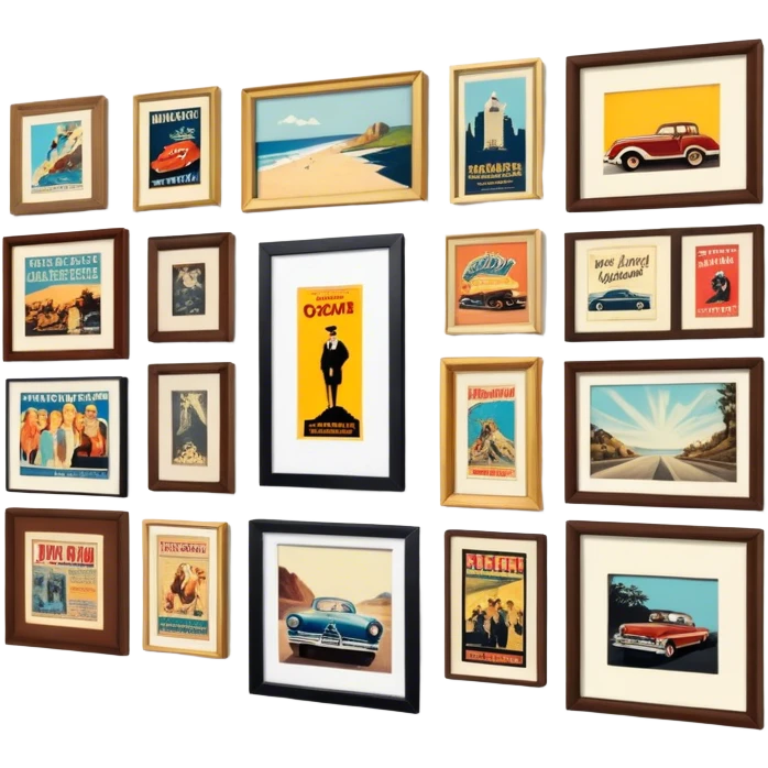 Icon for Photograph and Poster Collecting: a collection of vintage photographs and movie posters, neatly displayed on a wall or in frames. The icon should evoke the nostalgia and artistic value of collecting rare images and posters. Transparent background. emoji