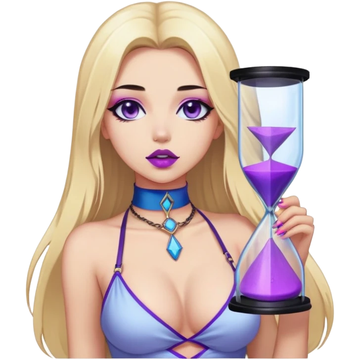 "Sticker with a full-length front view of a girl. Hourglass figure. Long straight blonde hair with blue tips. Light skin, erotic makeup with sharp eyeliner and purple lips, pink choker on the neck. Erotic pose, ahegao facial expression. Realistic style, clean neutral background." emoji