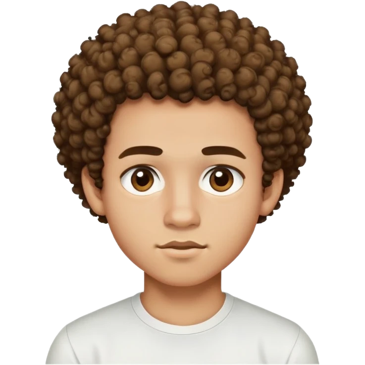 a 17 year old light-skinned boy with slightly brown eyes, small mustache above his lip, very curly hair like a small afro with cut sides, one twisted curl falling on his forehead, wearing a tight white shirt emoji