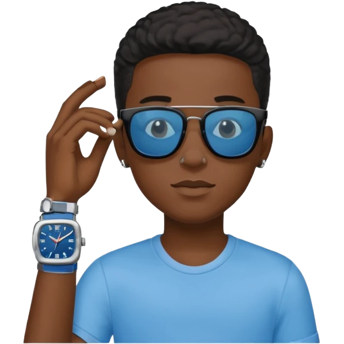Un garçon noir avec des lunettes de soleil un peu bleu avec un cadran plutôt carré et SANS QU’ON VOIT SES YEUX. Et au dessus de sa tête il y a écrit BOUSs on dois pas voir ses yeux emoji