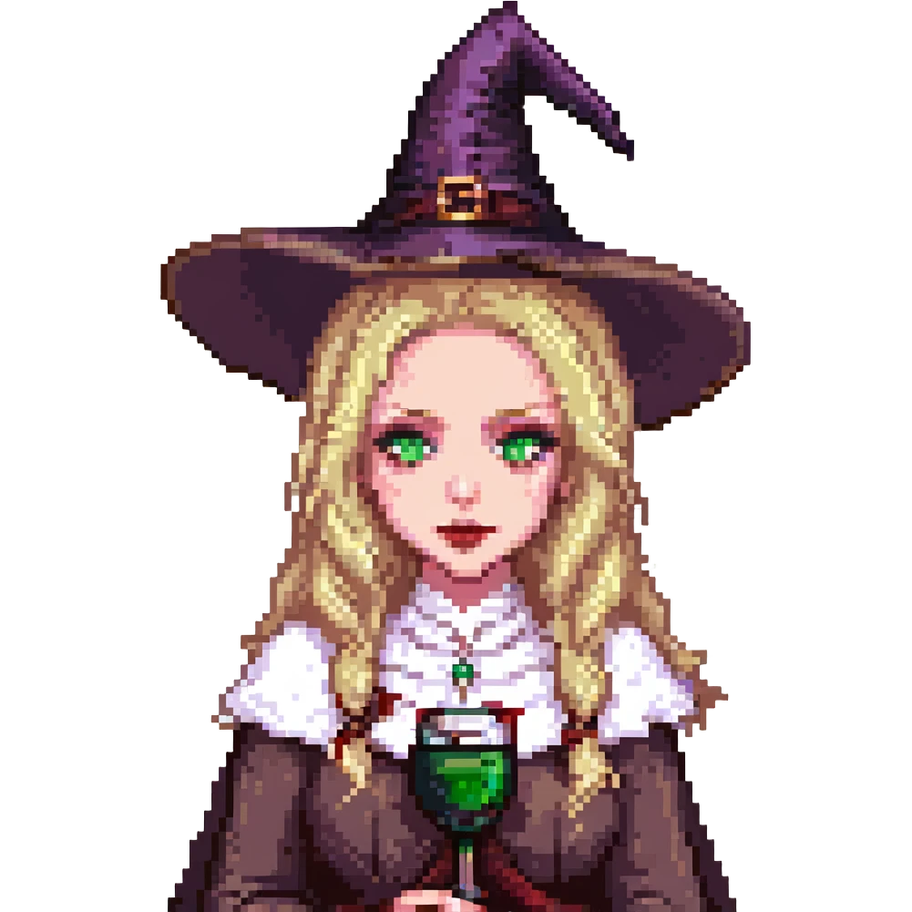 pale sorceress, wavy blonde hair, green eyes, wine lipstick, witch hat, pixel art emoji