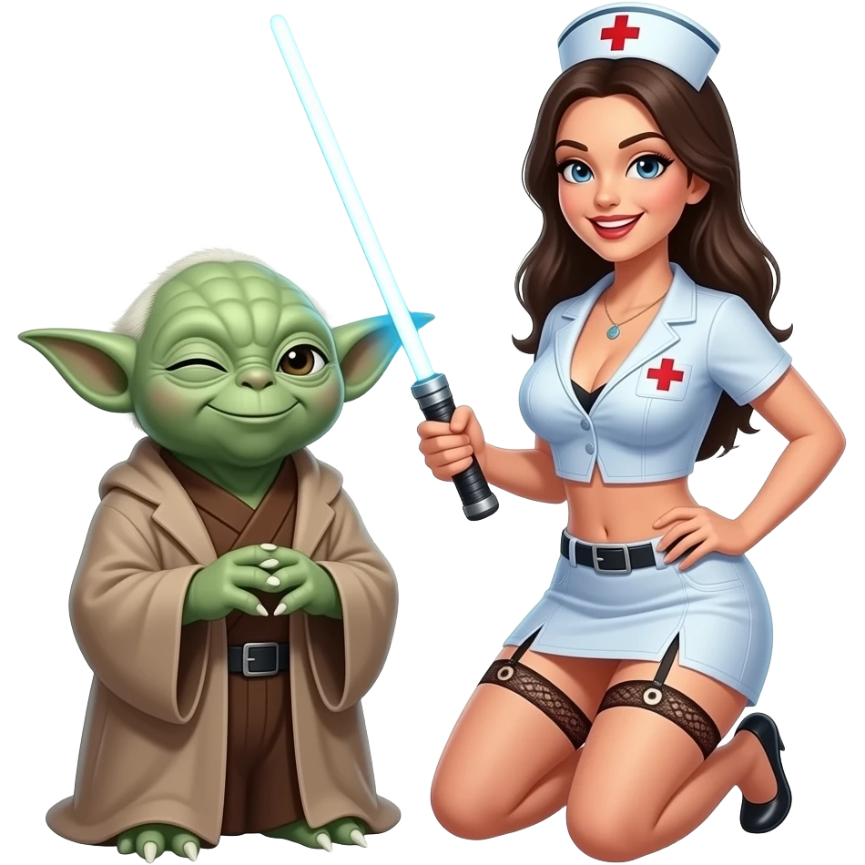 Yoda smiling with a wink, with a lady, nurse ,  top of clothes more low cuta large light saberlarge breasts, garter belt, kneeling , mouth open emoji