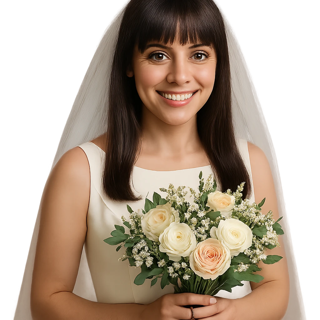bride with light skin, hazel eyes, brunette straight hair with bangs, holding a bouquet, smiling emoji