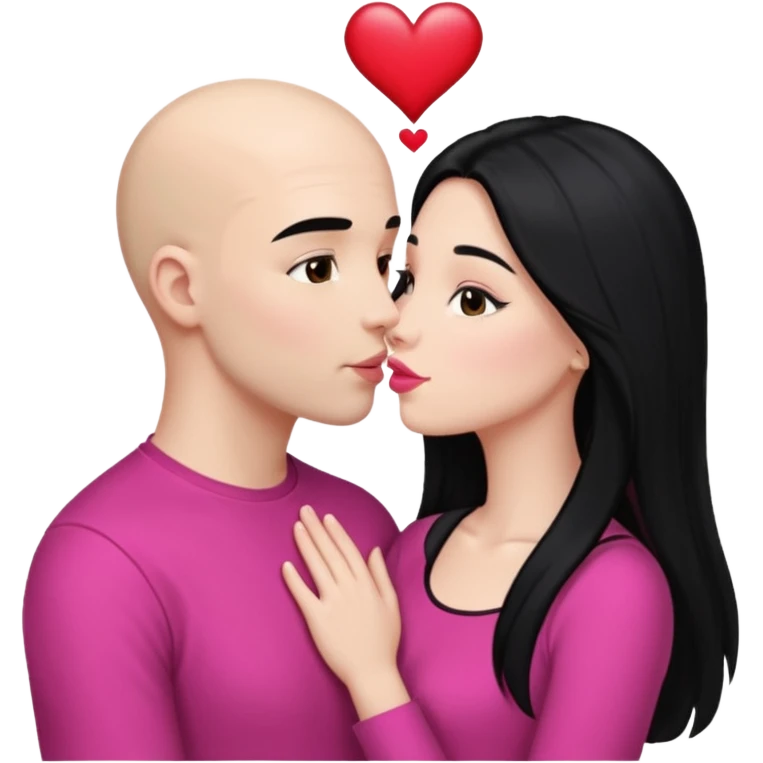 👩🏻‍❤️‍💋‍👨🏻 this one but the man should be bald. white woman with long black hair and white bald young man whoitiut hair and a heart between their heads. she has pink lips and both have brown eyes. emoji