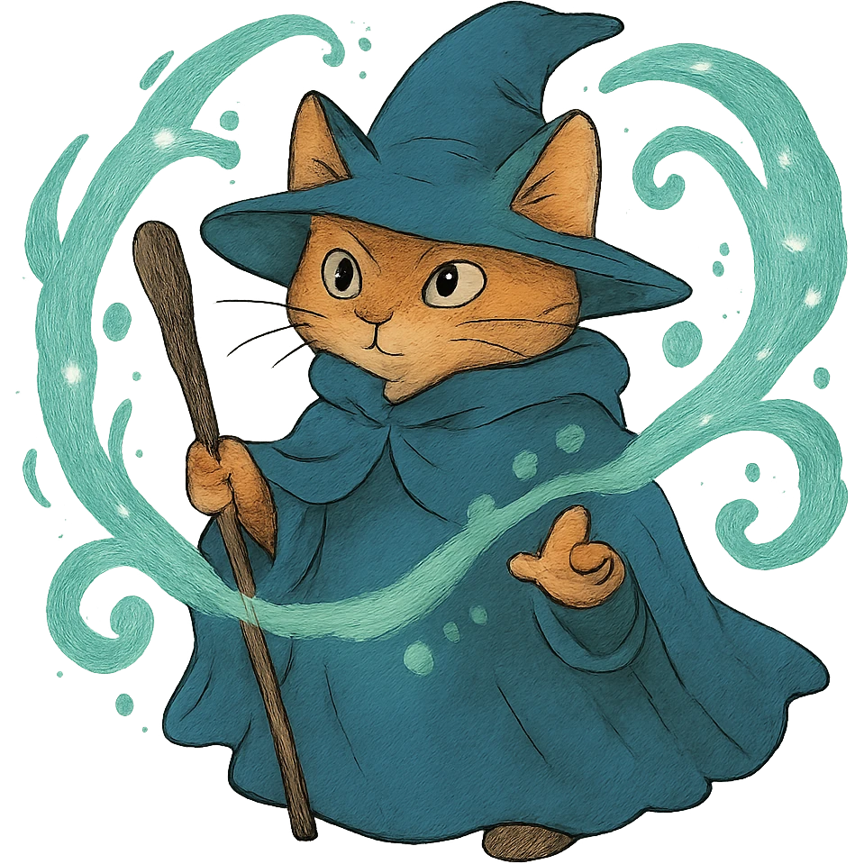 ghibli style wizard cat with a cloak and magical aura emoji